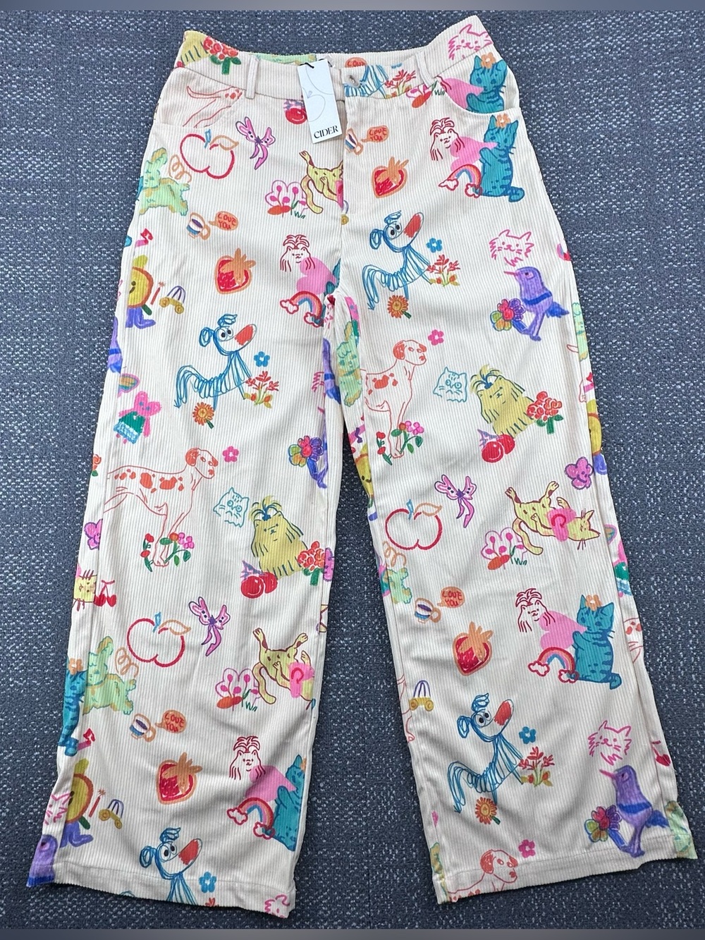 NWT Cider Corduroy Mid Rise Animal & Fruit Graphic Wide Leg Trousers - Women’s